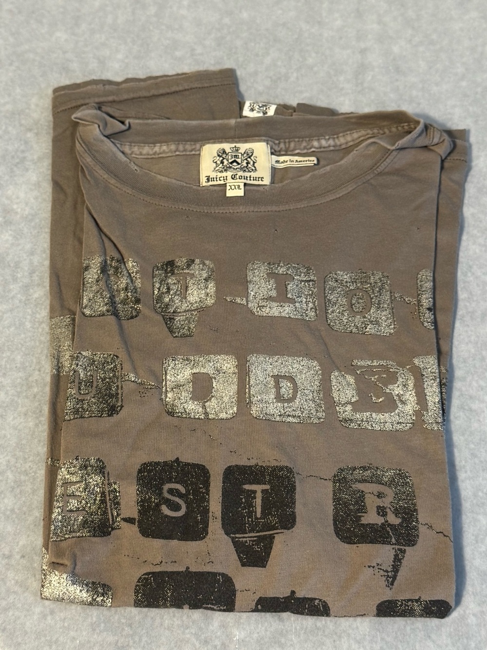 Juicy Couture Typewriter Graphic Tee XXL Brown Distressed Print Shirt